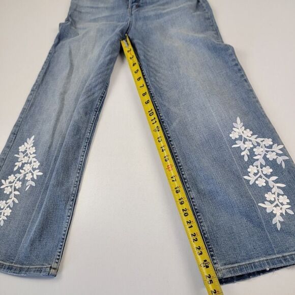 Free People High Rise Wide Leg Blue Denim Floral Jeans Sz 27 Embroidered Boho - Picture 7 of 11